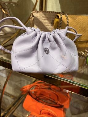 Tory Burch lavender purQuilted Leather Drawstring Shoulder Bag with Gold Logo